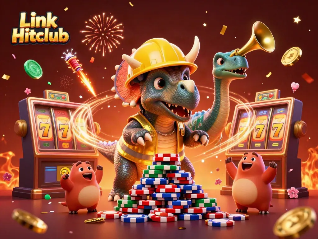 Engage in gaming excitement with Link Hitclub's vibrant scene of a triceratops and game elements.