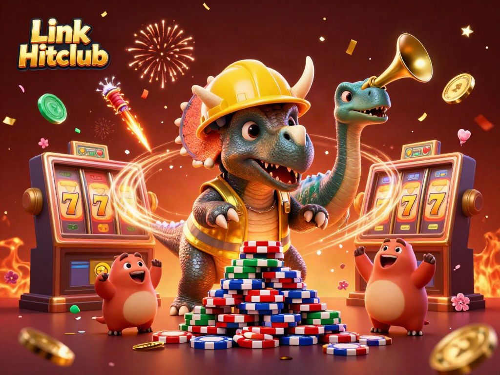 Engage in gaming excitement with Link Hitclub's vibrant scene of a triceratops and game elements.