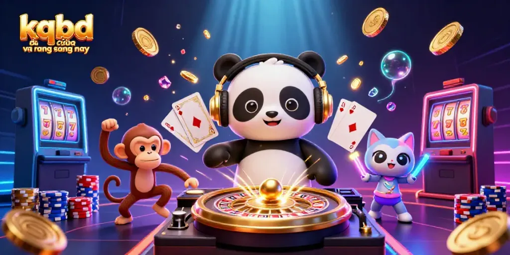 Experience kqbd đêm qua va rang sang nay with a lively 3D scene featuring a DJ panda and colorful casino elements.