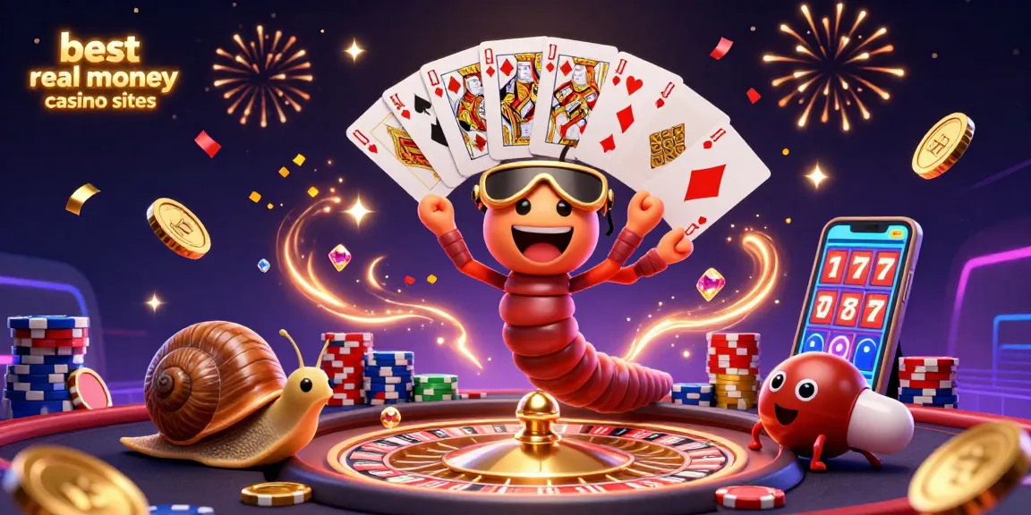 Experience the best real money casino sites with a vibrant 3D casino illustration featuring animated characters and rich game elements.