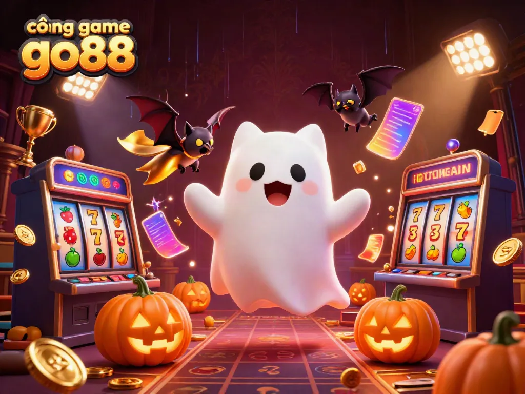 Experience the exciting cổng game go88 with a ghost cat, vampire bat, and glowing jack-o-lanterns in a vibrant casino scene.