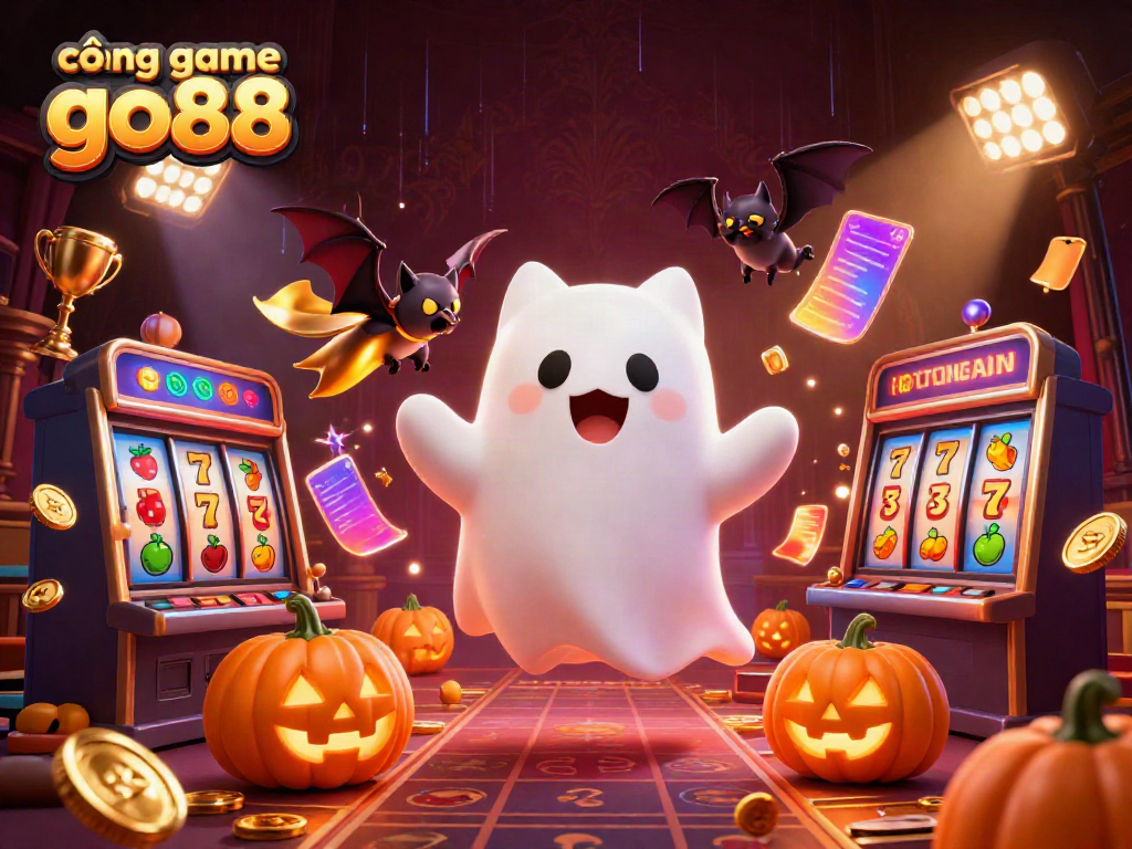 Experience the exciting cổng game go88 with a ghost cat, vampire bat, and glowing jack-o-lanterns in a vibrant casino scene.