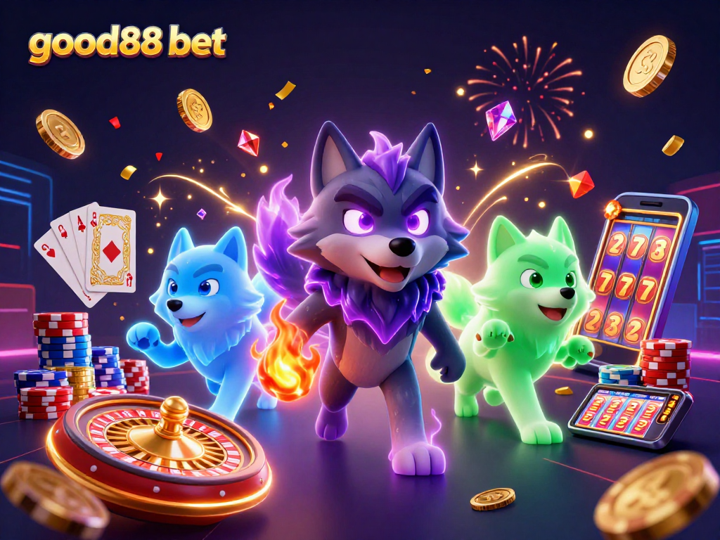Engage with good88 bet as cascading coins and colorful chips create an electrifying casino atmosphere.