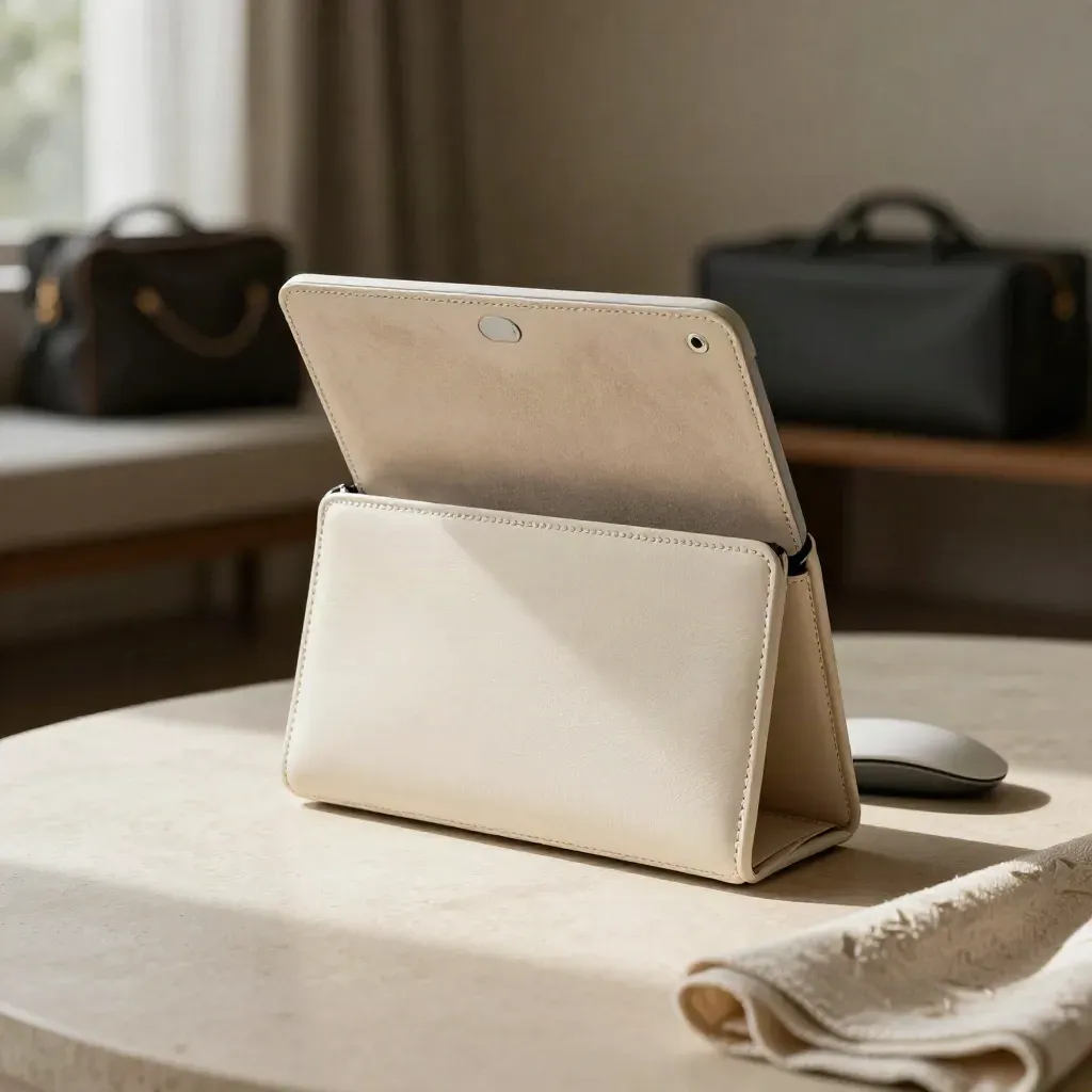 Crèmekleurige laptophoes met zachte voering en klein muiszakje op een rustige steenplaat.