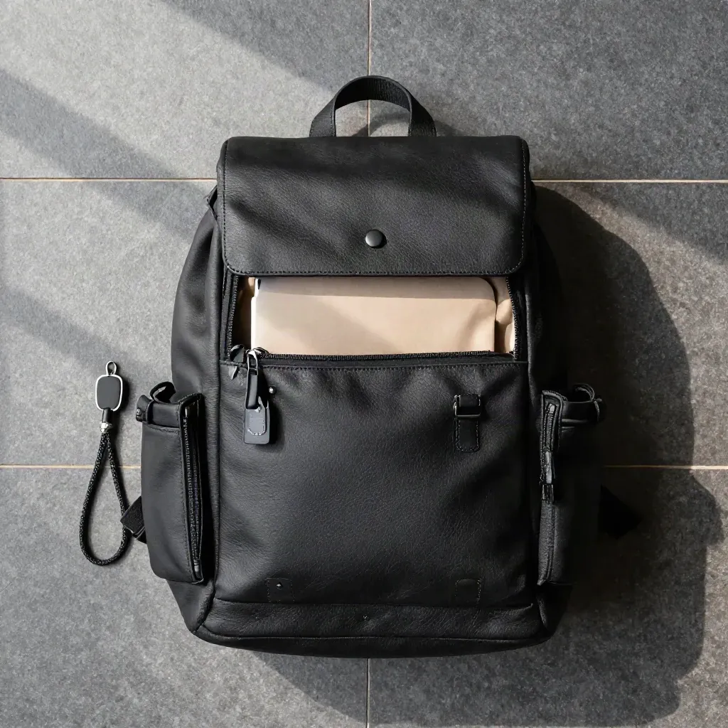 Zwart leren stadsrugzak, half open met sleeve, etui en sleutellus op grijze steen.