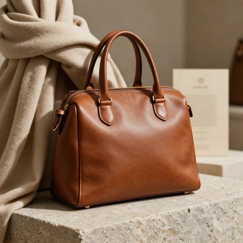 Cognackleurige leren shopper in stof met sjaal en pouch, close-up naast steen