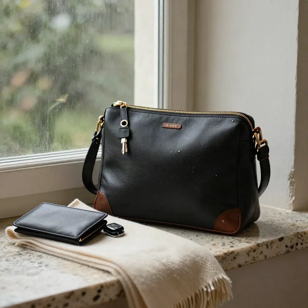 Zwarte leren crossbodytas met cognac details, portemonnee, brillenkoker en sjaal op nat travertijn.