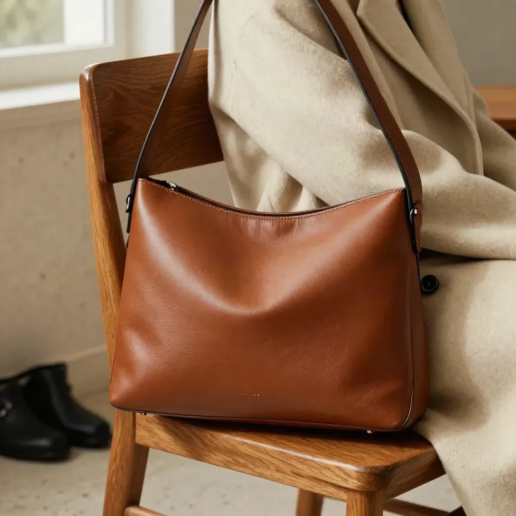 Cognac leren schoudertas tegen een wollen jas op een houten stoel, warm en luxe.