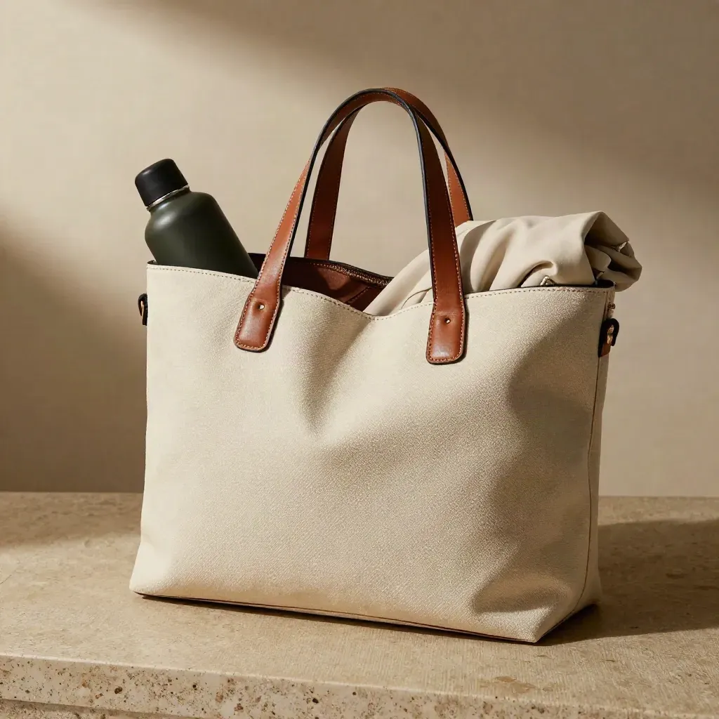Crèmekleurige canvas tote met cognackleurige handgrepen, laptop sleeve, fles en opgevouwen jas van boven gezien