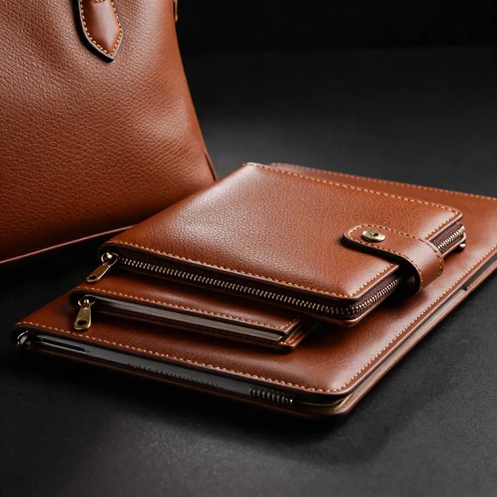 Cognac leren handtas met laptophoes, wallet en map op zwarte ondergrond, dramatisch belicht.