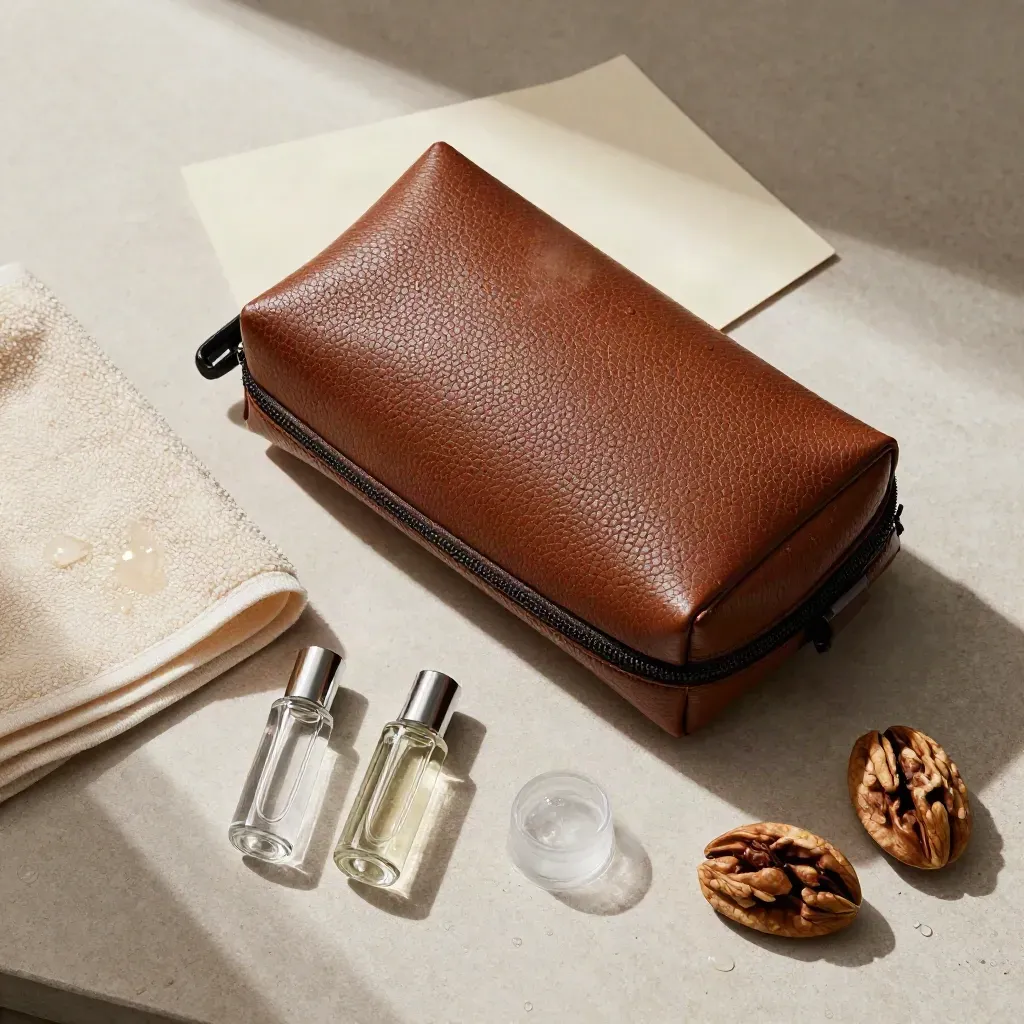 Cognac toilettas half open met handdoek, reisflesjes en waterdruppels van boven gezien.