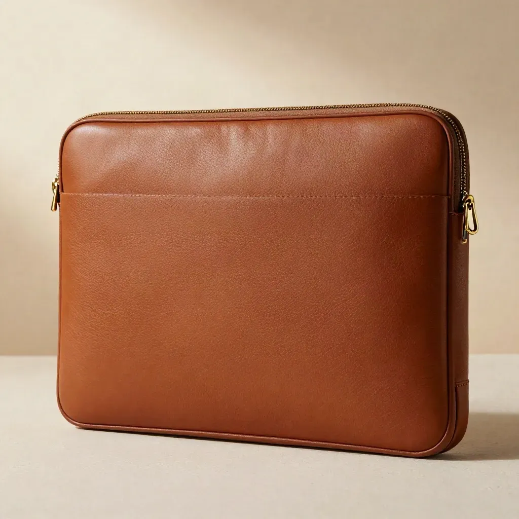 Laptophoes van cognac leer met zachte voering en fijne randafwerking in studiobelichting