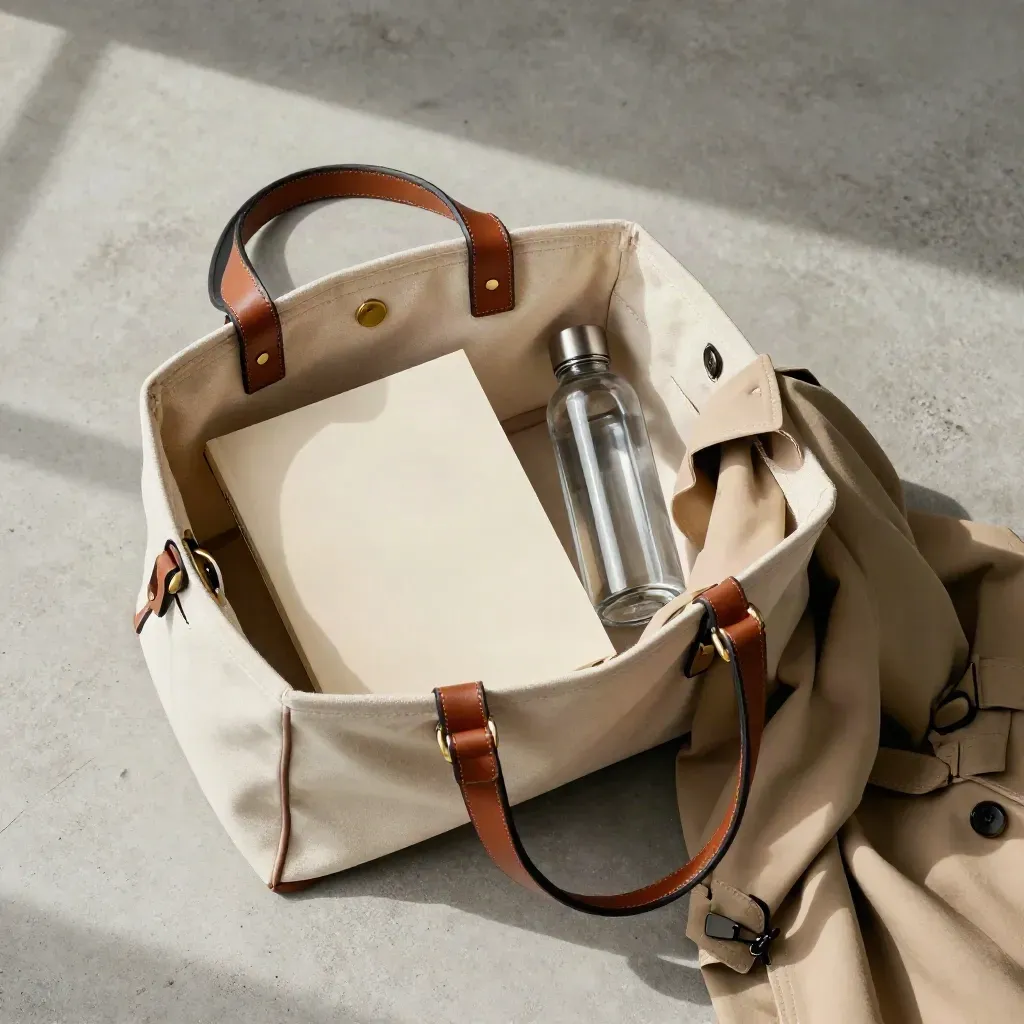 Flatlay van een crème tote bag, A4-map, waterfles en opgevouwen trench op licht beton.