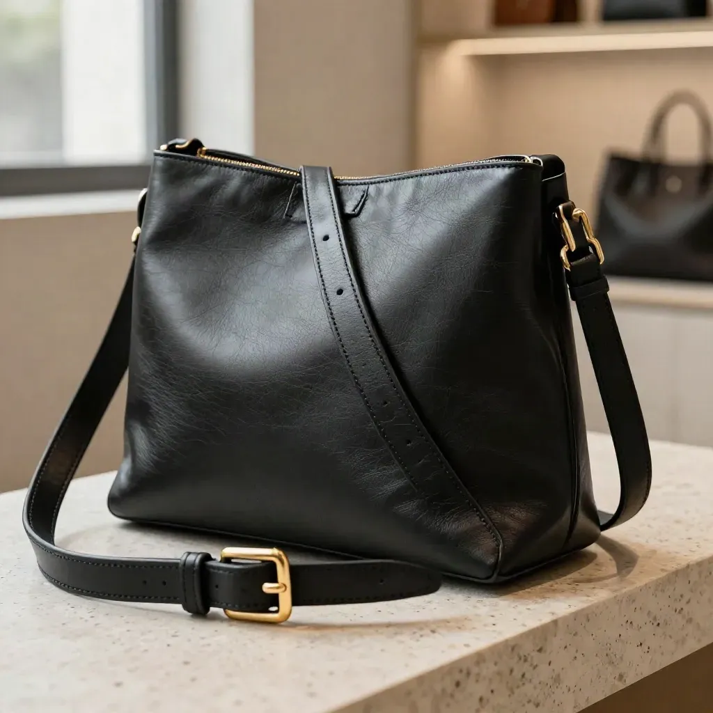 Zwarte leren crossbodytas Luna half open op travertin, met losse strap en goud accent.
