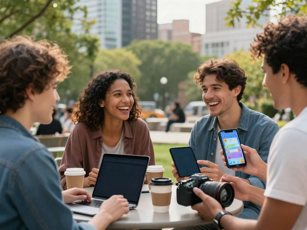 Group discussing spicy chat ai app in a lively urban setting