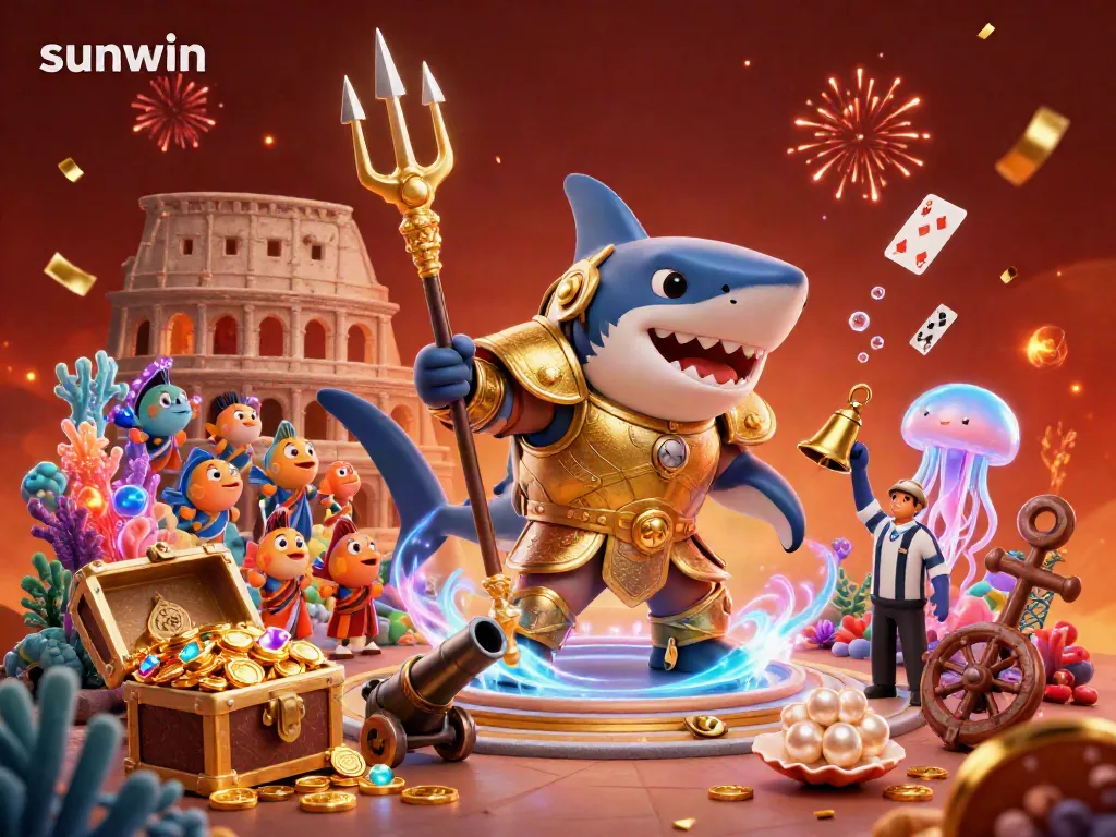 Engaging scene showcasing sunwin through a vibrant underwater colosseum with a tiger shark in gladiator armor.