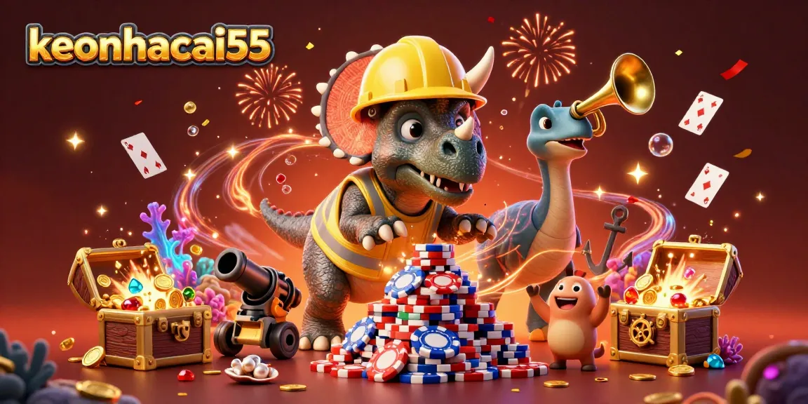 Celebrate wins with keonhacai55, showcasing a joyful dinosaur pyramid of poker chips amid vibrant casino-themed elements.