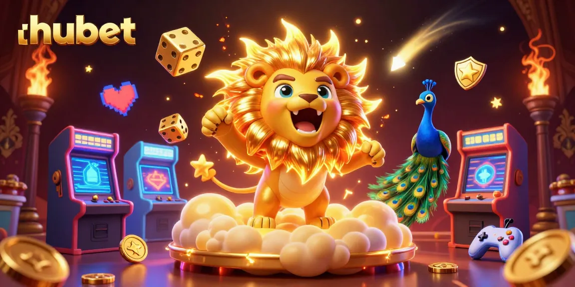 Spin the reels and win big at Hubet with a vibrant casino illustration featuring a lion and golden dice.