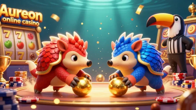Aureon online casino showcases lively pangolins rolling golden balls through poker chips while surrounded by engaging slot game symbols.